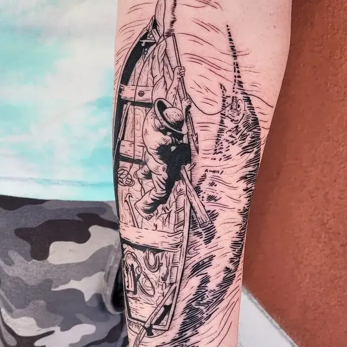 Fine line boat linework tattoo Drop Dead Tattoo