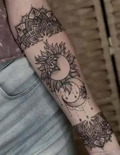 Mandala sun moon tattoo by Savannah Artz Savannah GA